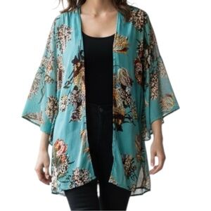 Umgee Aqua Turquoise Floral Open  Front Kimono Cardigan 2XL